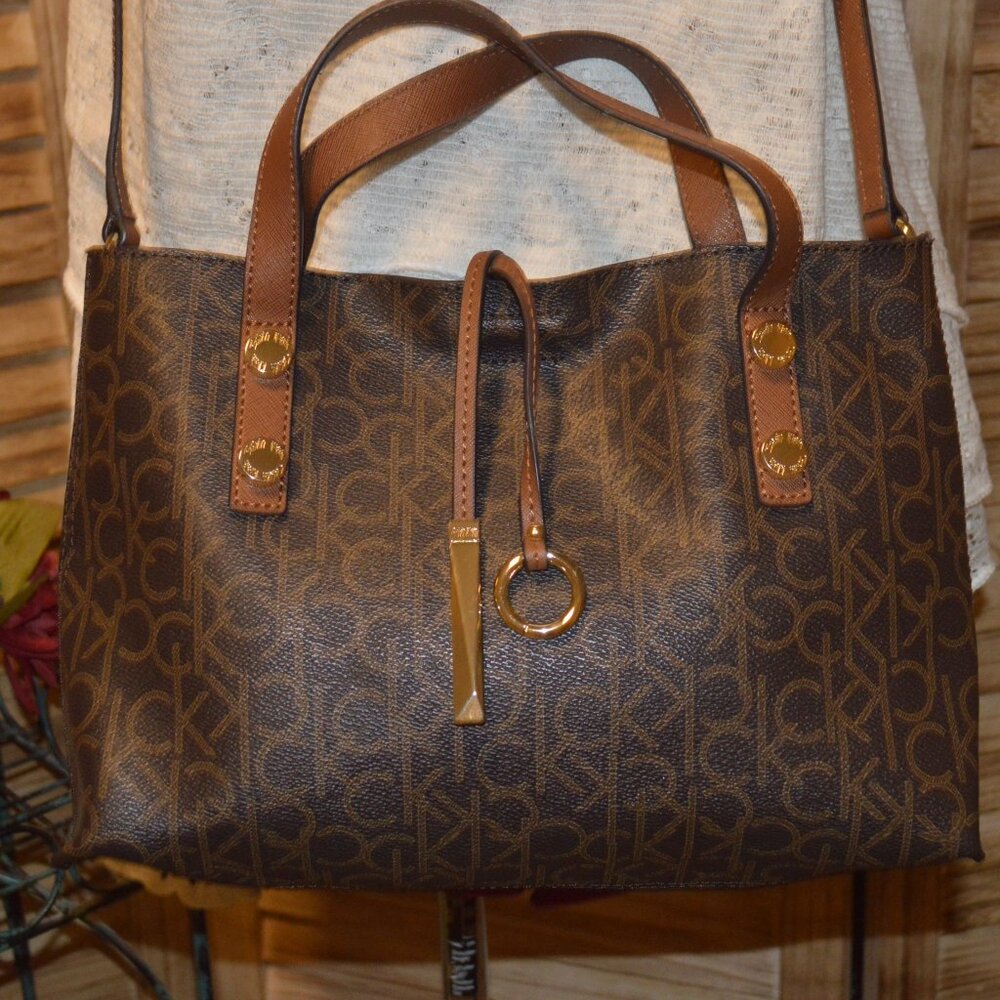 Calvin Klein Signature Pattern Convertible Tote Brown Magnetic Closure - Picture 2 of 8